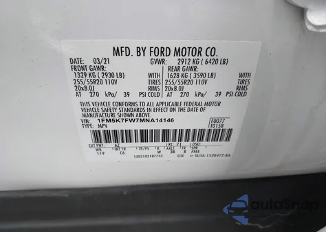 2021 Ford Explorer Limited z USA, uszkodzony, nr VIN 1FM5K7FW7MNA14146